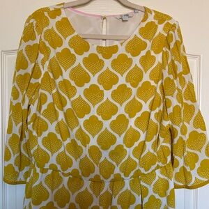 Boden Mustard and White Patterned blousey dress short sz 16 3/4 sleeve